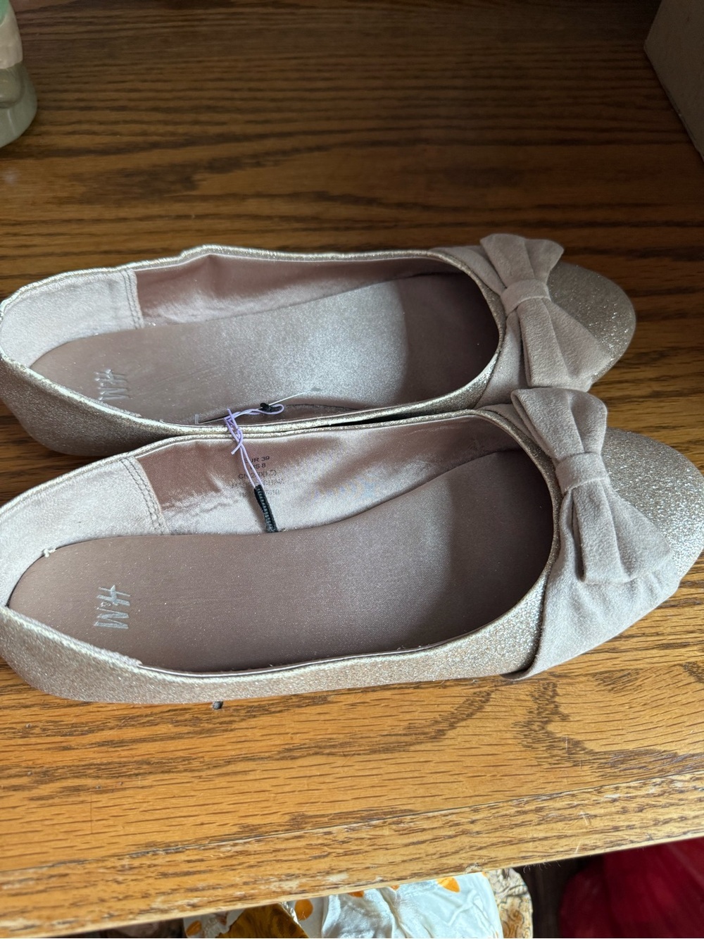 H&M Beige Glitter Bow Ballet Flats - Women's Size 8 - New with Tags NEW - Picture 3 of 5